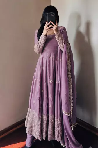 Lavendar colour  heavy embroidered anarkali kurta set with designer cutwork dupatta & pant