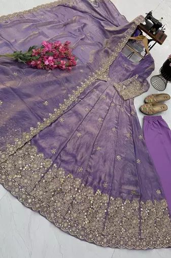 Lavendar colour  heavy embroidered anarkali kurta set with designer cutwork dupatta & pant