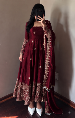 Maroon colour  heavy embroidered anarkali kurta set with designer cutwork dupatta & pant 1