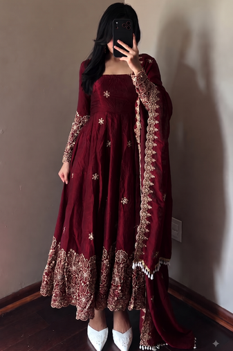 Maroon colour  heavy embroidered anarkali kurta set with designer cutwork dupatta & pant