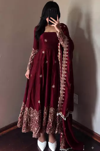 Maroon colour  heavy embroidered anarkali kurta set with designer cutwork dupatta & pant