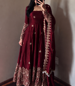 Maroon colour  heavy embroidered anarkali kurta set with designer cutwork dupatta & pant