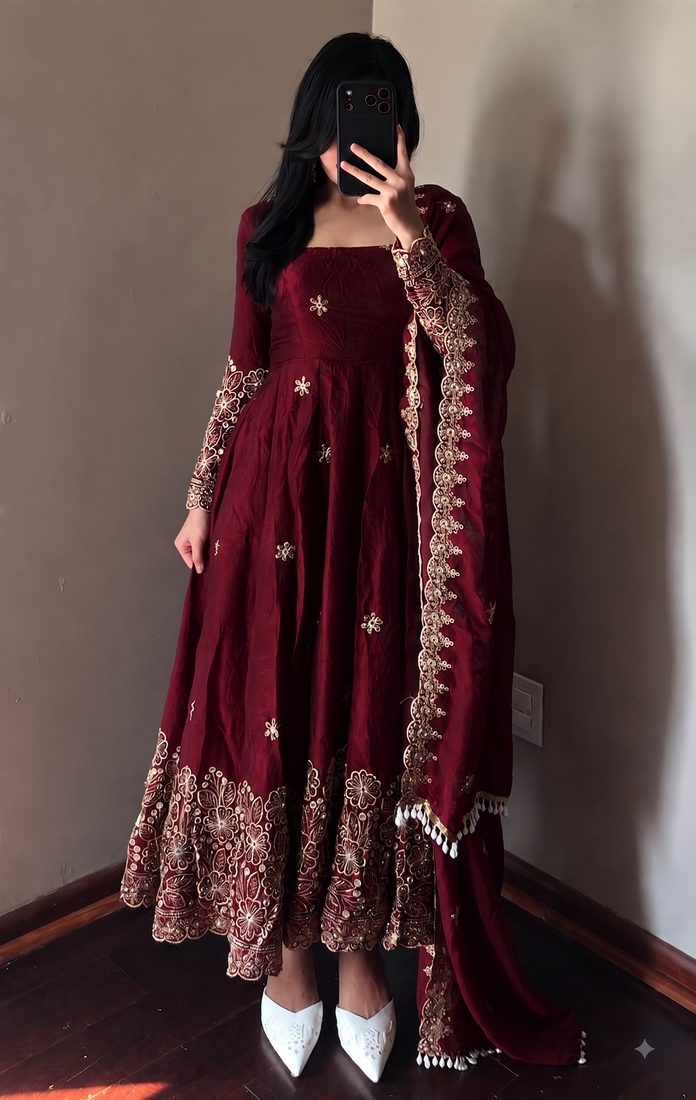 Maroon colour  heavy embroidered anarkali kurta set with designer cutwork dupatta & pant