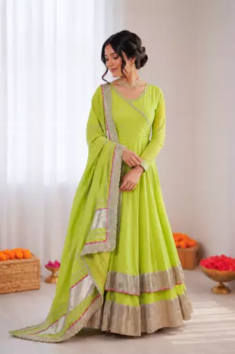 Parrot green organza silk mirror work lehenga style suit