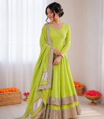 Parrot green organza silk mirror work lehenga style suit