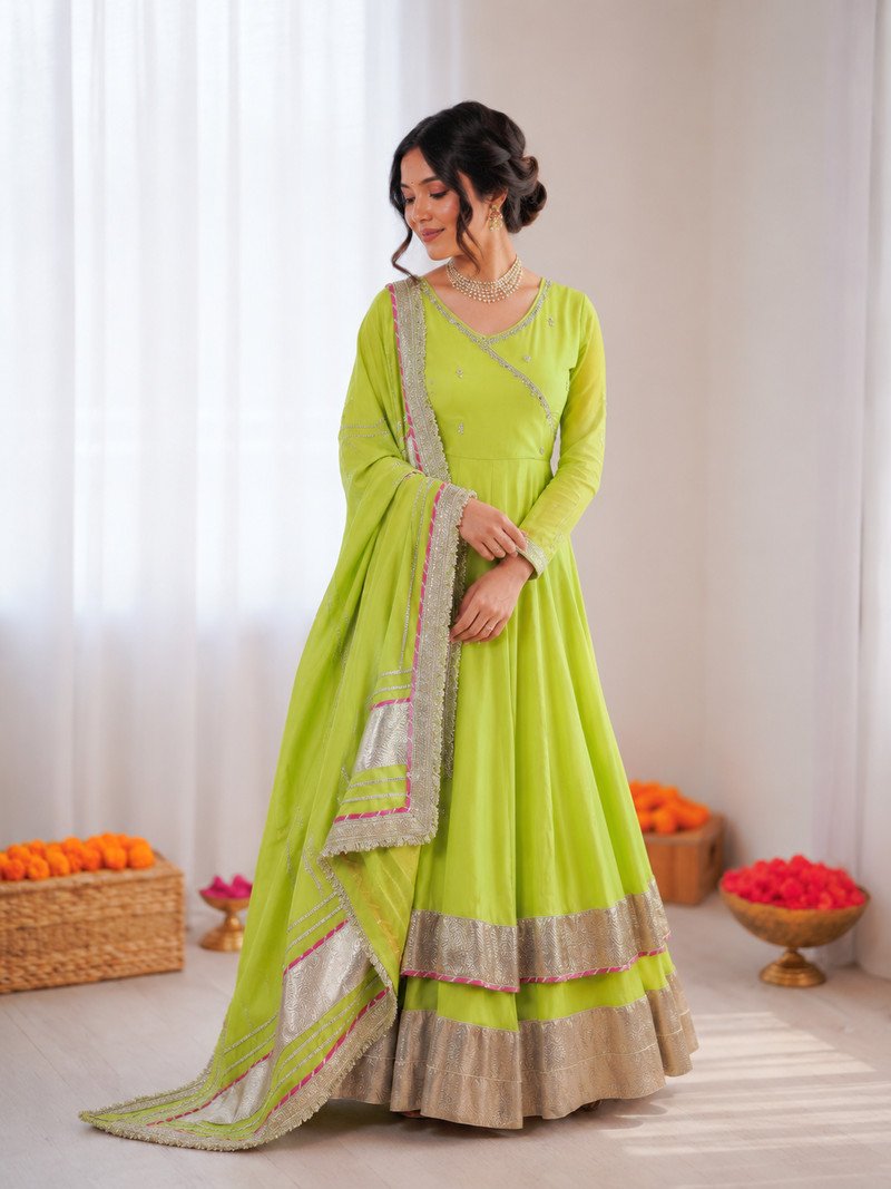 Parrot green organza silk mirror work lehenga style suit
