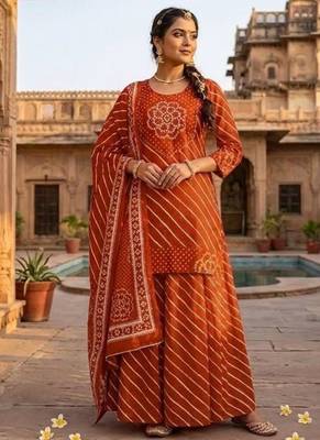Cotton lahariya rust short kurti-kali plazzo-dupatta set 1