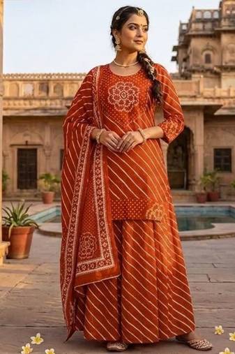 Cotton lahariya rust short kurti-kali plazzo-dupatta set