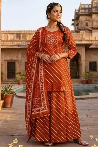 Cotton lahariya rust short kurti-kali plazzo-dupatta set