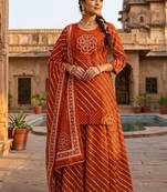 Cotton lahariya rust short kurti-kali plazzo-dupatta set
