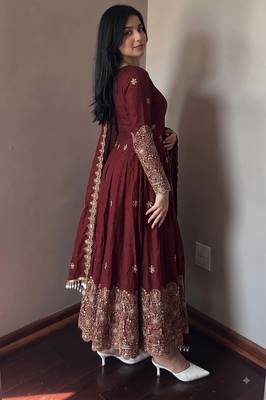 Maroon colour  heavy embroidered anarkali kurta set with designer cutwork dupatta & pant 2