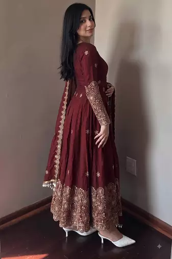Maroon colour  heavy embroidered anarkali kurta set with designer cutwork dupatta & pant