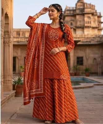 Cotton lahariya rust short kurti-kali plazzo-dupatta set 2
