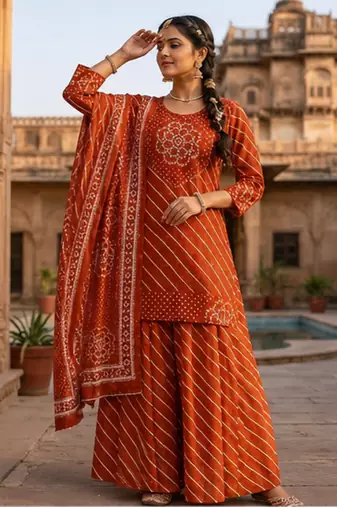 Cotton lahariya rust short kurti-kali plazzo-dupatta set
