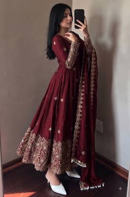 Maroon colour  heavy embroidered anarkali kurta set with designer cutwork dupatta & pant 3