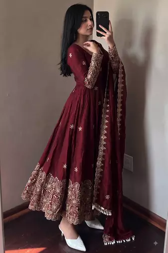 Maroon colour  heavy embroidered anarkali kurta set with designer cutwork dupatta & pant