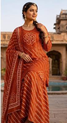 Cotton lahariya rust short kurti-kali plazzo-dupatta set 3
