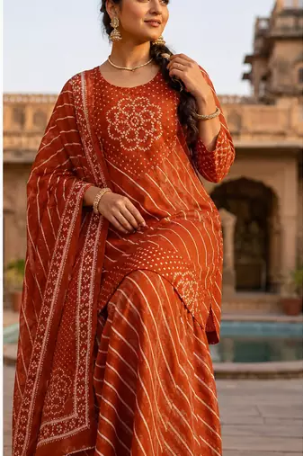 Cotton lahariya rust short kurti-kali plazzo-dupatta set