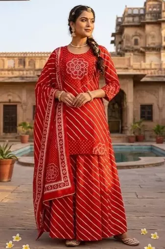 Cotton lahariya maroon short kurti-kali plazzo-dupatta set