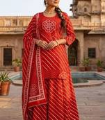 Cotton lahariya maroon short kurti-kali plazzo-dupatta set