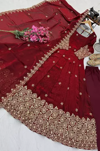Maroon colour  heavy embroidered anarkali kurta set with designer cutwork dupatta & pant