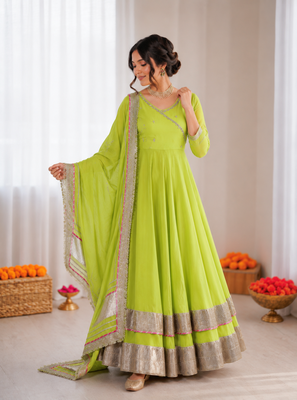 Parrot green organza silk mirror work lehenga style suit 2