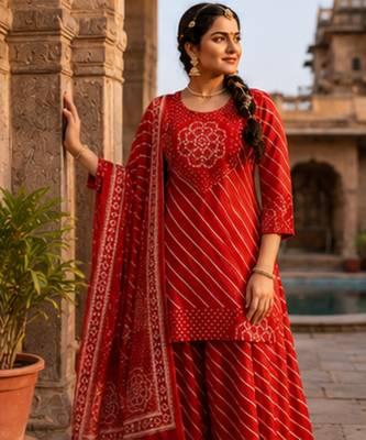 Cotton lahariya maroon short kurti-kali plazzo-dupatta set 2