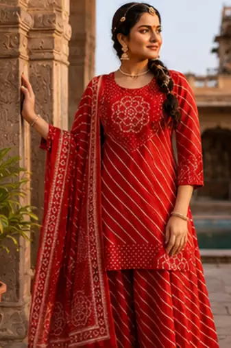 Cotton lahariya maroon short kurti-kali plazzo-dupatta set