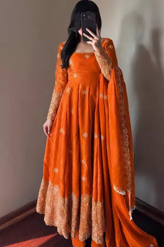 Orange colour  heavy embroidered anarkali kurta set with designer cutwork dupatta & pant