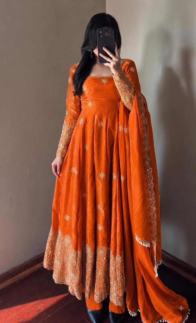 Orange colour  heavy embroidered anarkali kurta set with designer cutwork dupatta & pant