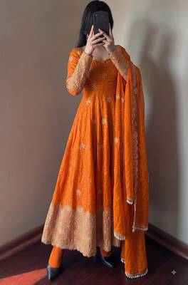 Orange colour  heavy embroidered anarkali kurta set with designer cutwork dupatta & pant 2