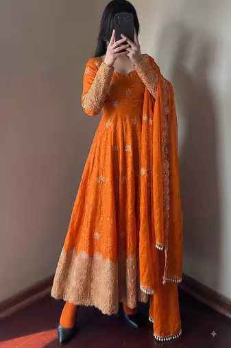 Orange colour  heavy embroidered anarkali kurta set with designer cutwork dupatta & pant
