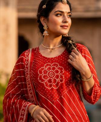 Cotton lahariya maroon short kurti-kali plazzo-dupatta set 3