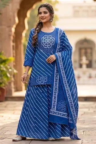 Cotton lahariya blue short kurti-kali plazzo-dupatta set