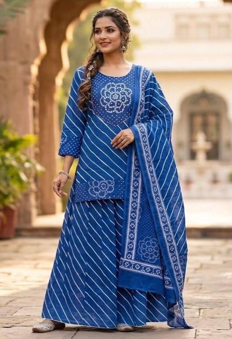 Cotton lahariya blue short kurti-kali plazzo-dupatta set