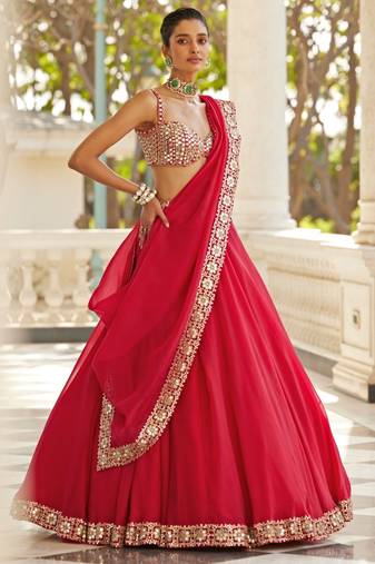 Red Organza Silk Wedding Lehenga Choli