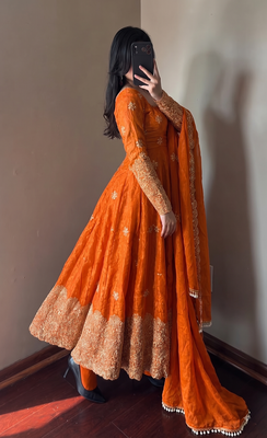 Orange colour  heavy embroidered anarkali kurta set with designer cutwork dupatta & pant 3