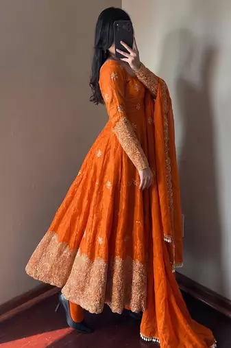 Orange colour  heavy embroidered anarkali kurta set with designer cutwork dupatta & pant