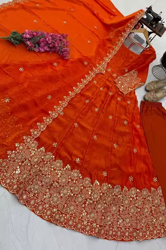 Orange colour  heavy embroidered anarkali kurta set with designer cutwork dupatta & pant