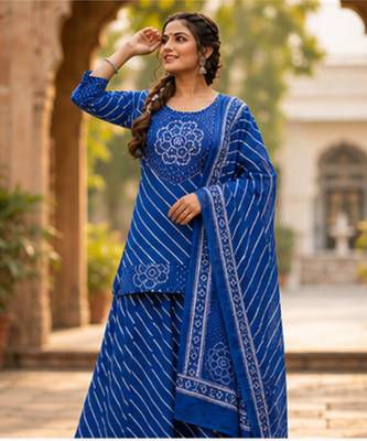 Cotton lahariya blue short kurti-kali plazzo-dupatta set 2