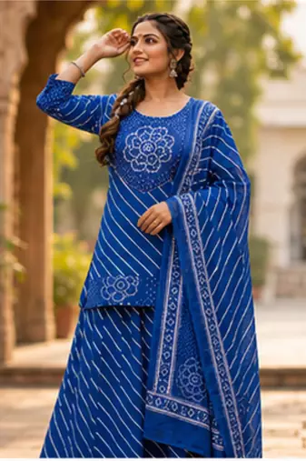 Cotton lahariya blue short kurti-kali plazzo-dupatta set