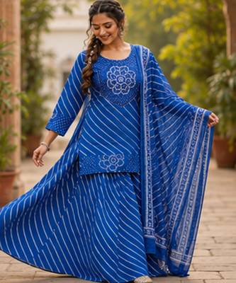 Cotton lahariya blue short kurti-kali plazzo-dupatta set 3