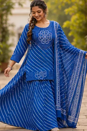 Cotton lahariya blue short kurti-kali plazzo-dupatta set