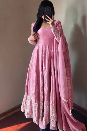 Pink colour  heavy embroidered anarkali kurta set with designer cutwork dupatta & pant