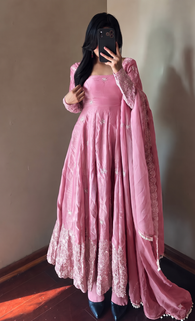 Pink colour  heavy embroidered anarkali kurta set with designer cutwork dupatta & pant
