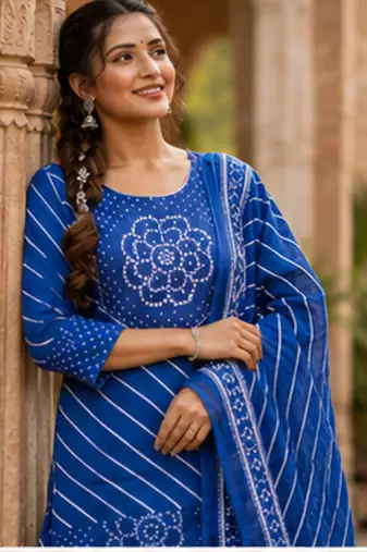 Cotton lahariya blue short kurti-kali plazzo-dupatta set