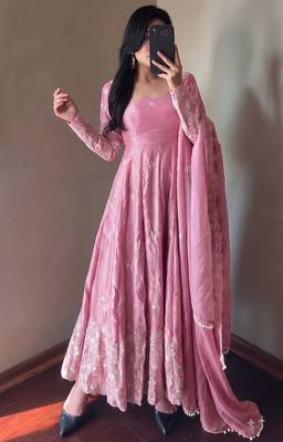 Pink colour  heavy embroidered anarkali kurta set with designer cutwork dupatta & pant 2