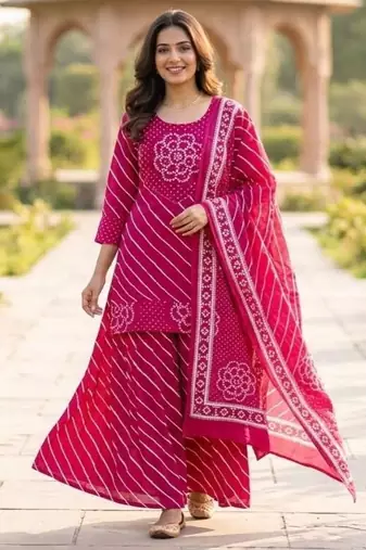 Cotton lahariya pink short kurti-kali plazzo-dupatta set