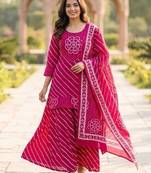 Cotton lahariya pink short kurti-kali plazzo-dupatta set