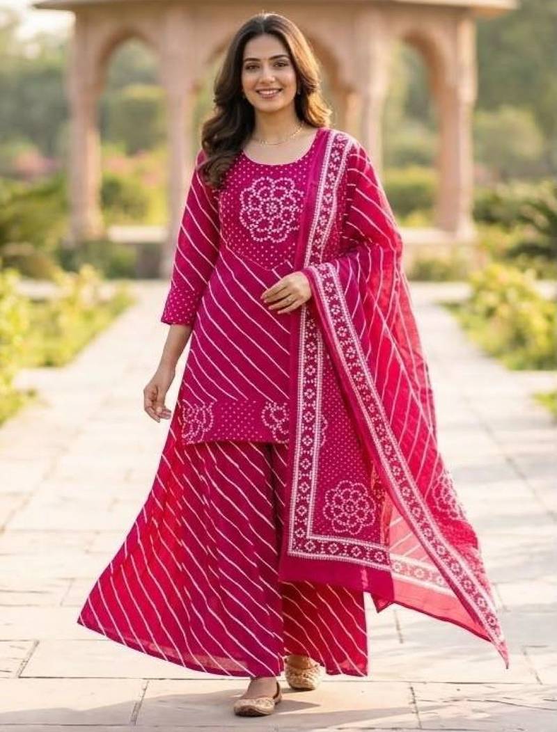 Cotton lahariya pink short kurti-kali plazzo-dupatta set